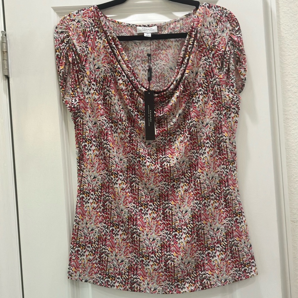 Tahari ASL Abstract Multicolor Cap Sleeve Silky Drape Neck Top Sz M-‎ NWT